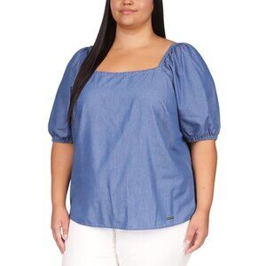 Michael Kors Square-Neck Puff-Sleeve Top Blue Plus Size 3X MSRP $98